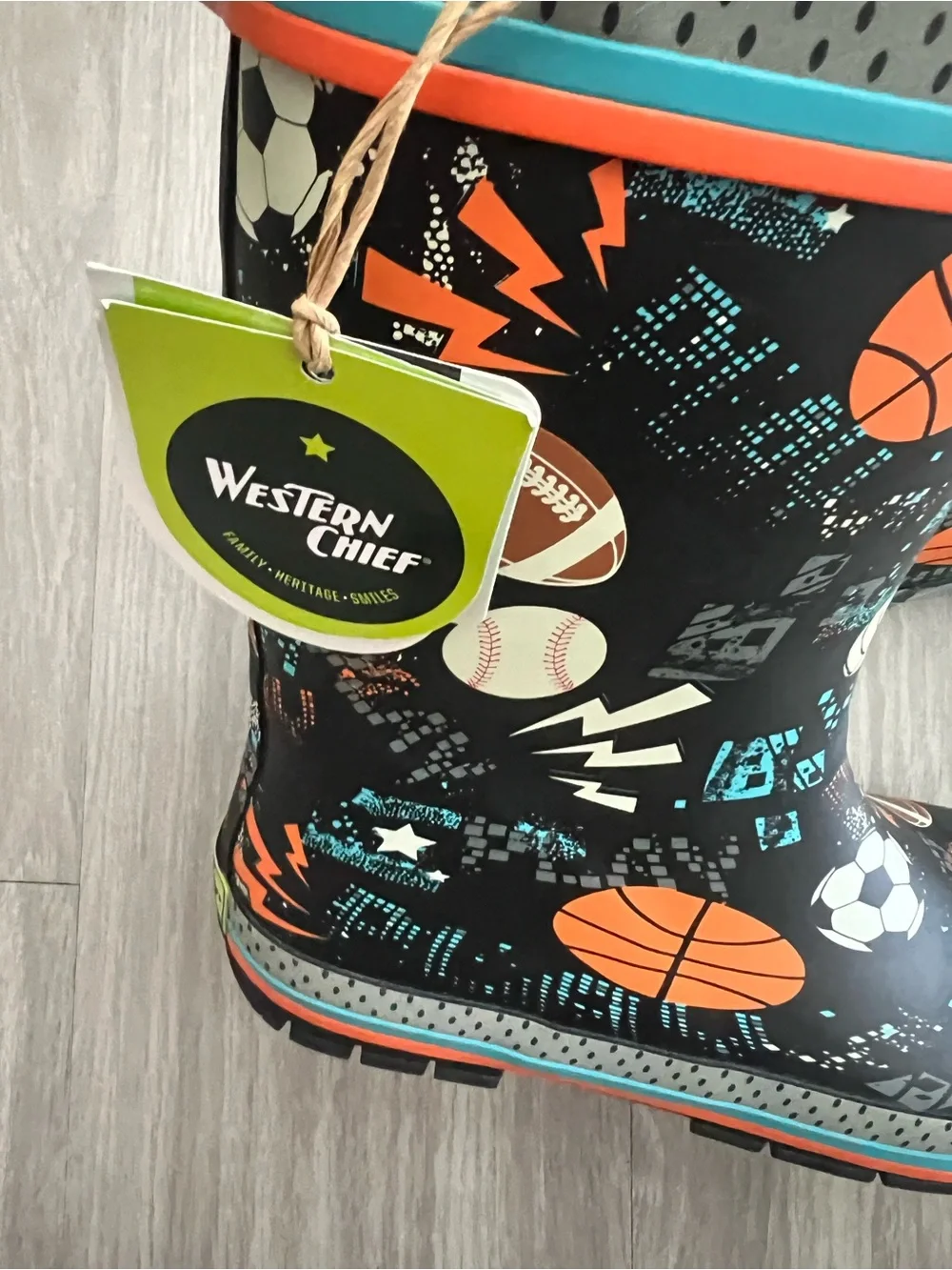 Western Chief Kids Sports Print Rain Boots NWT Black Orange Gray Size 3